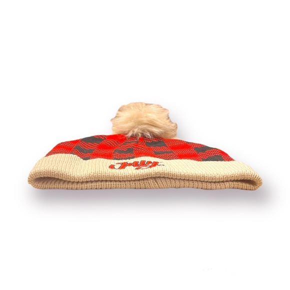 Red And Black Plaid Faux Fur Unisex Knit Winter Beanie With Pom Ball - Picture 3 of 4